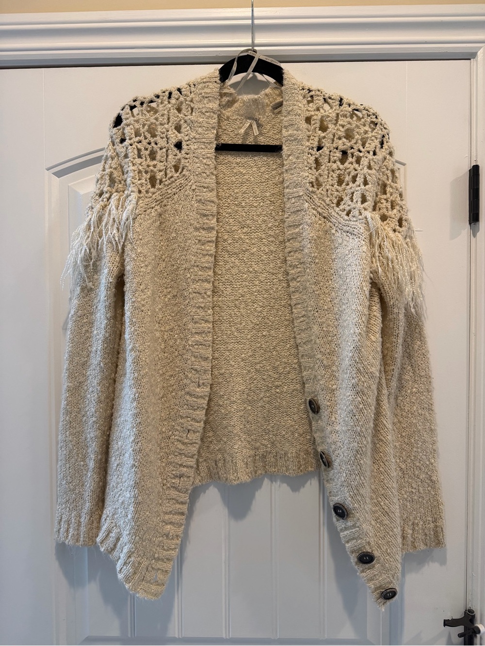 BKE Cream Crochet-Trim Fringe Button Cardigan